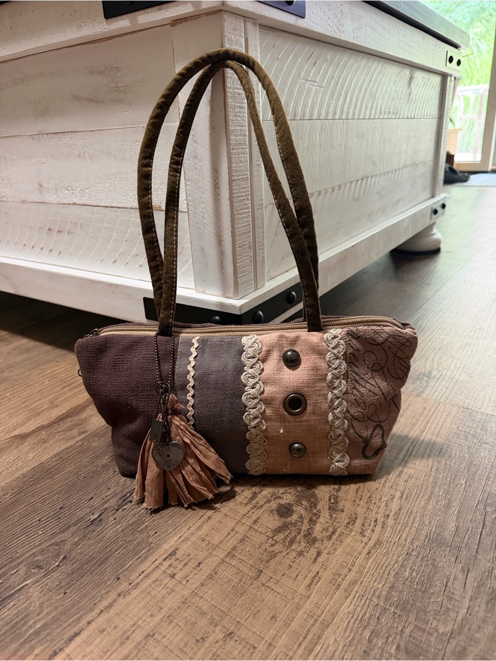 Patchwork Tassel Shoulder Bag in Brown and Pink